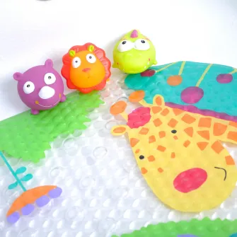 Set de baie 4 piese, Knorr Toys, include covoras de baie din PVC 69x39 cm si 3 jucarii animalele junglei, 0 Luni+