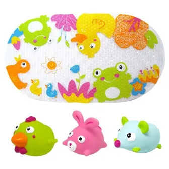 Set de baie 4 piese, Knorr Toys, include covoras de baie din PVC 69x39 cm si 3 jucarii animalute, 0 Luni+