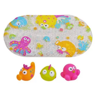 Set de baie 4 piese, Knorr Toys, include covoras de baie din PVC 69x39 cm si 3 jucarii lumea subacvatica, 0 Luni+