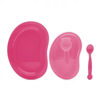 Set de hranire 3 piese, Lorelli, contine farfurie, castron cu capac cu inchidere ermetica, lingurita, 6 luni+, Pink