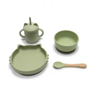 Set de hranire din silicon natural, Lorelli, 4 piese, contine bol cu vacuum, canuta cu pai, farfurie, lingurita cu maner din bambus, 6 luni+, Fresh Green