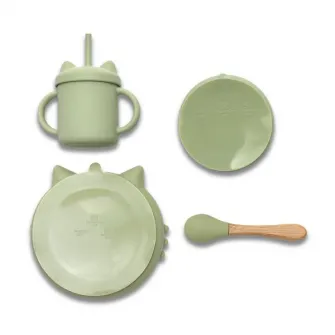 Set de hranire din silicon natural, Lorelli, 4 piese, contine bol cu vacuum, canuta cu pai, farfurie, lingurita cu maner din bambus, 6 luni+, Fresh Green