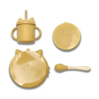 Set de hranire din silicon natural, Lorelli, 4 piese, contine bol cu vacuum, canuta cu pai, farfurie, lingurita cu maner din bambus, 6 luni+, Yellow