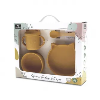 Set de hranire din silicon natural, Lorelli, 4 piese, contine bol cu vacuum, canuta cu pai, farfurie, lingurita cu maner din bambus, 6 luni+, Yellow