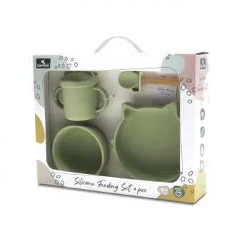 Set de hranire din silicon natural, Lorelli, 4 piese, contine bol cu vacuum, canuta cu pai, farfurie, lingurita cu maner din bambus, 6 luni+, Fresh Green