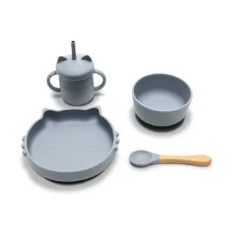 Set de hranire din silicon natural, Lorelli, 4 piese, contine bol cu vacuum, canuta cu pai, farfurie, lingurita cu maner din bambus, 6 luni+, Grey