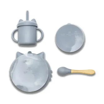Set de hranire din silicon natural, Lorelli, 4 piese, contine bol cu vacuum, canuta cu pai, farfurie, lingurita cu maner din bambus, 6 luni+, Grey