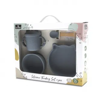 Set de hranire din silicon natural, Lorelli, 4 piese, contine bol cu vacuum, canuta cu pai, farfurie, lingurita cu maner din bambus, 6 luni+, Grey