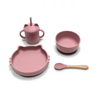 Set de hranire din silicon natural, Lorelli, 4 piese, contine bol cu vacuum, canuta cu pai, farfurie, lingurita cu maner din bambus, 6 luni+, Pink