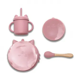 Set de hranire din silicon natural, Lorelli, 4 piese, contine bol cu vacuum, canuta cu pai, farfurie, lingurita cu maner din bambus, 6 luni+, Pink