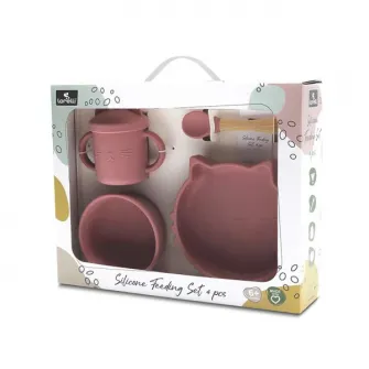 Set de hranire din silicon natural, Lorelli, 4 piese, contine bol cu vacuum, canuta cu pai, farfurie, lingurita cu maner din bambus, 6 luni+, Pink