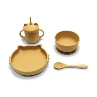 Set de hranire din silicon natural, Lorelli, 4 piese, contine bol cu vacuum, canuta cu pai, farfurie, lingurita cu maner din bambus, 6 luni+, Yellow