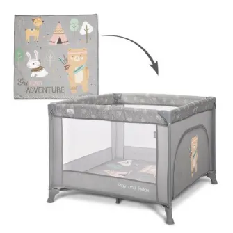 Tarc de joaca Play N Relax, Lorelli, 100x100x75 cm, deschidere laterala cu fermoar, geanta de transport, Grey Adventure
