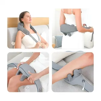 Electric Neck Massager with Heating Function and 6 Massage Attachments for Adults, Blue Gray