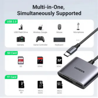 UGREEN Card Reader USB-C to SD/TF + USB 2.0 | CM387, Gray