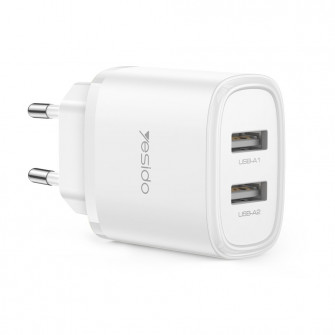 Yesido Wall Charger 2*USB-A 24W Max YC72, White