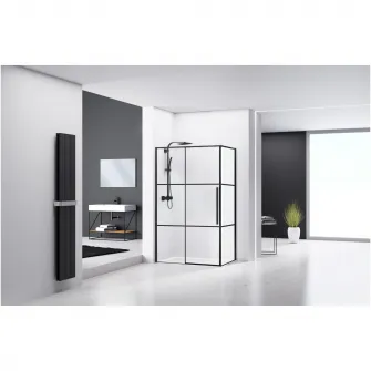Paravan de dus dreptunghiular Belform Infinity 27CB6104, 1 usa culisanta, geam 6mm, cu dungi negre, profil negru mat, 100X80X200 cm