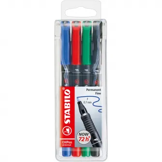 Marker universal permanent Stabilo OHPen, F, 0.7 mm, 4 culori / set, etui plastic