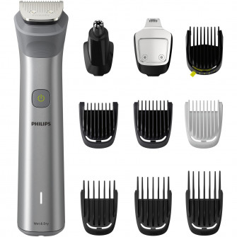 Aparat de tuns barba si parul 10 in 1 Philips Multigroom All in One MG5920/15, tehnologie BeardSense, lame din otel cu auto-ascutire, 11 setari de lungime, rezistent la apa, husa, Negru / Argintiu