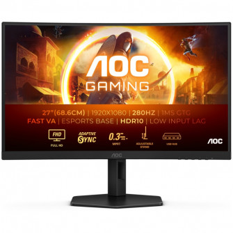 Monitor Gaming AOC, Curbat, 27'', VA, FHD, 280Hz, 1ms, 0.3ms, HDR10, FlickerFree, Boxe 2W x 2, HA, Pivot, HDMI, DisplayPort, USB, hub, C27G4ZXU, Negru