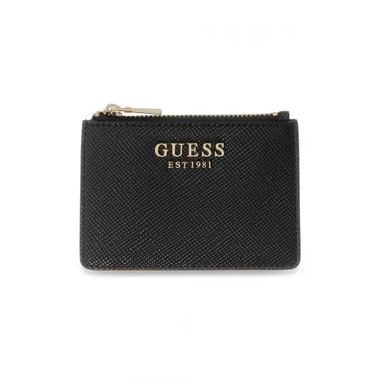 GUESS, Portcart de piele ecologica cu logo metalic Patsie, Negru