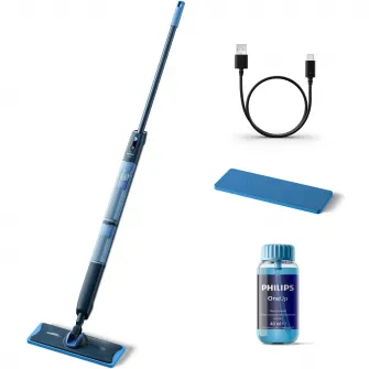 Mop electric Philips OneUp XV5113/01 seria 5000 , absoarbe apa murdara si pompeaza apa curata, autonomie 70 min, rezervoare de apa separate, balama rotativă la 360°, fara fir, manevrabil, pana la 125 mp, pentru pardoseli dure, delicate si neabsorbante