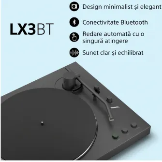 Pick-up wireless Sony PS-LX3BT, Bluetooth, Redare automata, Hi-Res audio Wireless, Transmisie prin curea, Preamplificator Phono, 2 viteze, Negru