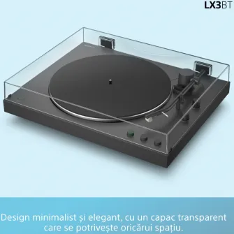 Pick-up wireless Sony PS-LX3BT, Bluetooth, Redare automata, Hi-Res audio Wireless, Transmisie prin curea, Preamplificator Phono, 2 viteze, Negru