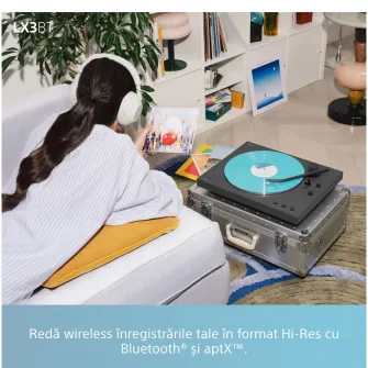 Pick-up wireless Sony PS-LX3BT, Bluetooth, Redare automata, Hi-Res audio Wireless, Transmisie prin curea, Preamplificator Phono, 2 viteze, Negru