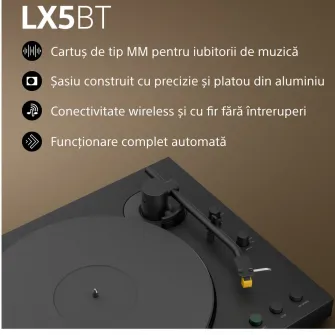 Pick-up wireless Sony PS-LX5BT, Bluetooth, Redare automata, Hi-Res audio Wireless, Transmisie prin curea, Preamplificator Phono, 3 moduri de amplificare, 2 viteze, Negru