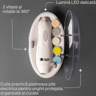 Pila electrica Tommee Tippee pentru bebelusi cu baterii, lumina LED si 6 capete de pilire