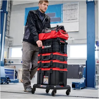 Platforma cu roti Einhell E-Case, max. 120 kg, roți pivotante blocabile, combinabilă cu sistemul Einhell E-Case, pentru transportul cutiilor si lazilor, cu puncte de fixare pentru chingi de ancorare