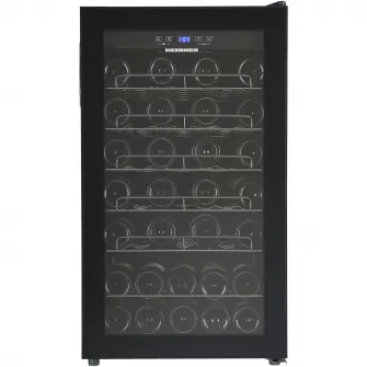Racitor de vinuri Heinner HRV-A118DRM40, 118 l / 40 sticle, Clasa G, Display digital, Control tactil, Interval setare temperatur 5~20°C, Lumina led, 5+1 rafturi cromate, Usa reversibila, Usa cu geam dublu, Negru