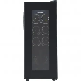 Racitor de vinuri Heinner HRV-A28DRM8, 28 l / 8 sticle, Clasa G, Display digital, Control tactil, Interval setare temperatur 5~20°C, Lumina led, 3 rafturi cromate, Usa reversibila, Usa cu geam dublu, Negru