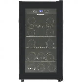Racitor de vinuri Heinner HRV-A52DRM18, 52 l / 18 sticle, Clasa G, Display digital, Control tactil, Interval setare temperatur 5~20°C, Lumina led, 4 rafturi cromate, Usa reversibila, Usa cu geam dublu, Negru