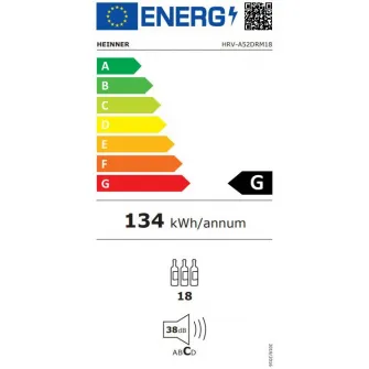 Racitor de vinuri Heinner HRV-A52DRM18, 52 l / 18 sticle, Clasa G, Display digital, Control tactil, Interval setare temperatur 5~20°C, Lumina led, 4 rafturi cromate, Usa reversibila, Usa cu geam dublu, Negru