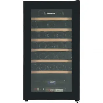 Racitor de vinuri Heinner HRV-A85DRL34, 85 l / 34 sticle, Clasa G, Display digital, Control tactil, Interval setare temperatur 5~20°C, Lumina led, 6 rafturi lemn, Usa reversibila, Usa cu geam dublu, Negru