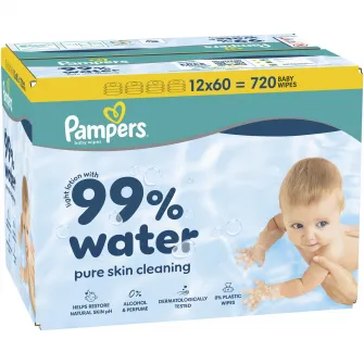 Servetele umede Pampers 99% Water cu lotiune usoara, 12 pachete x 60 servetele, 720 buc