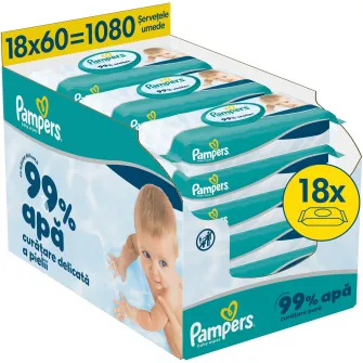 Servetele umede Pampers 99% Water cu lotiune usoara, 18 pachete x 60 servetele, 1080 buc