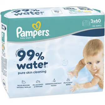 Servetele umede Pampers 99% Water cu lotiune usoara, 3 pachete x 60 servetele, 180 buc