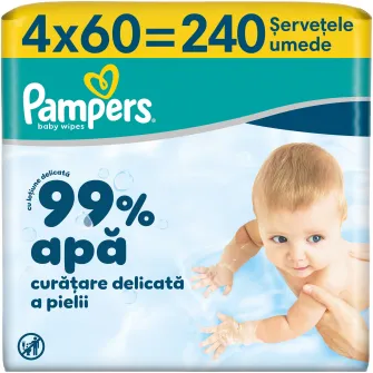 Servetele umede Pampers 99% Water cu lotiune usoara, 4 pachete x 60 servetele, 240 buc