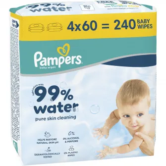 Servetele umede Pampers 99% Water cu lotiune usoara, 4 pachete x 60 servetele, 240 buc