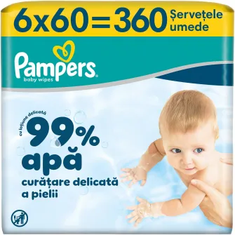 Servetele umede Pampers 99% Water cu lotiune usoara, 6 pachete x 60 servetele, 360 buc