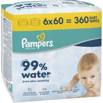 Servetele umede Pampers 99% Water cu lotiune usoara, 6 pachete x 60 servetele, 360 buc
