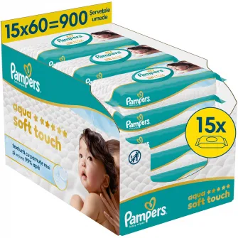 Servetele umede Pampers Aqua Soft Touch cu textura moale, lotiune usoara si 99% apa, 15 pachete x 60 servetele, 900 buc