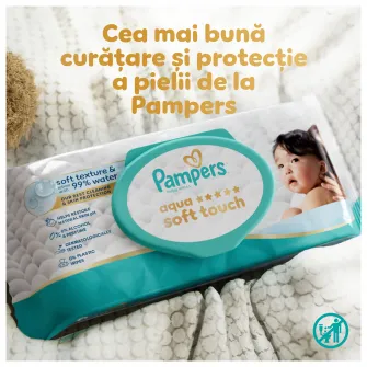 Servetele umede Pampers Aqua Soft Touch cu textura moale, lotiune usoara si 99% apa, 4 pachete x 60 servetele, 240 buc