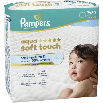 Servetele umede Pampers Aqua Soft Touch cu textura moale, lotiune usoara si 99% apa, 3 pachete x 60 servetele, 180 buc
