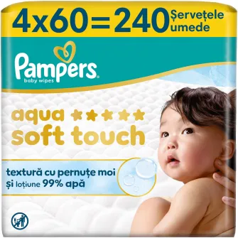 Servetele umede Pampers Aqua Soft Touch cu textura moale, lotiune usoara si 99% apa, 4 pachete x 60 servetele, 240 buc