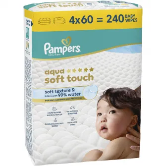Servetele umede Pampers Aqua Soft Touch cu textura moale, lotiune usoara si 99% apa, 4 pachete x 60 servetele, 240 buc