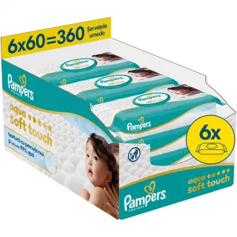 Servetele umede Pampers Aqua Soft Touch cu textura moale, lotiune usoara si 99% apa, 6 pachete x 60 servetele, 360 buc